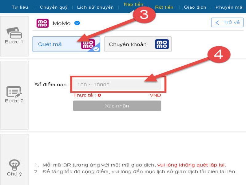 Nạp tiền tại Thiên Hạ Bet thông qua ví điện tử Momo